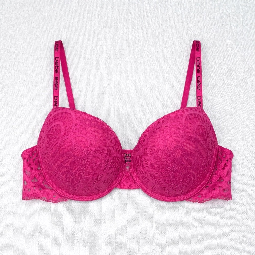 Bebe Hot Pink Lace Push Up Bra 36C Logo Srap Underwire Sexy Lingerie Barbiecore